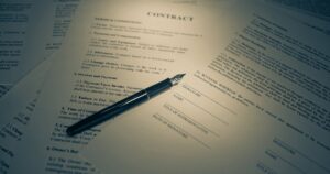 Fixed-term employment contract document with terms and conditions and a signature line, pen resting on the page